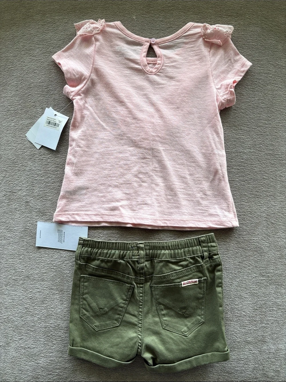 HUDSON Kids Girls 2pc Set Ruffle Eyelet Lace Top Olive Green Shorts